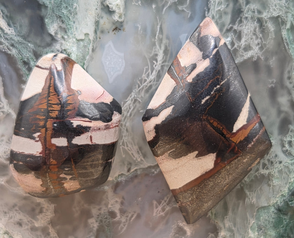 Indian Paint Picture Jasper Matched Cabochon Pair – Cut From the Same Stone – 37.8 ct Total