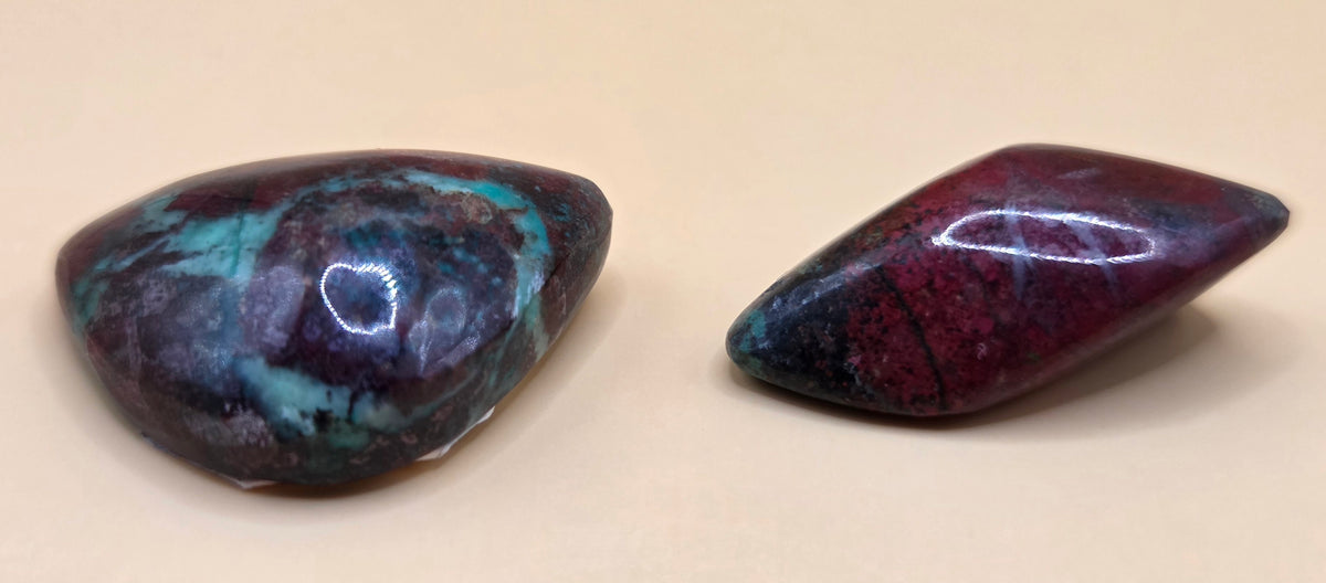 Sonoran Sunrise (Sonoran Sunset) Chrysocolla & Cuprite Cabochon Pair - 53.7 ct total
